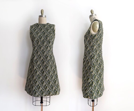 Vintage custom made mini dress size M | green whi… - image 1