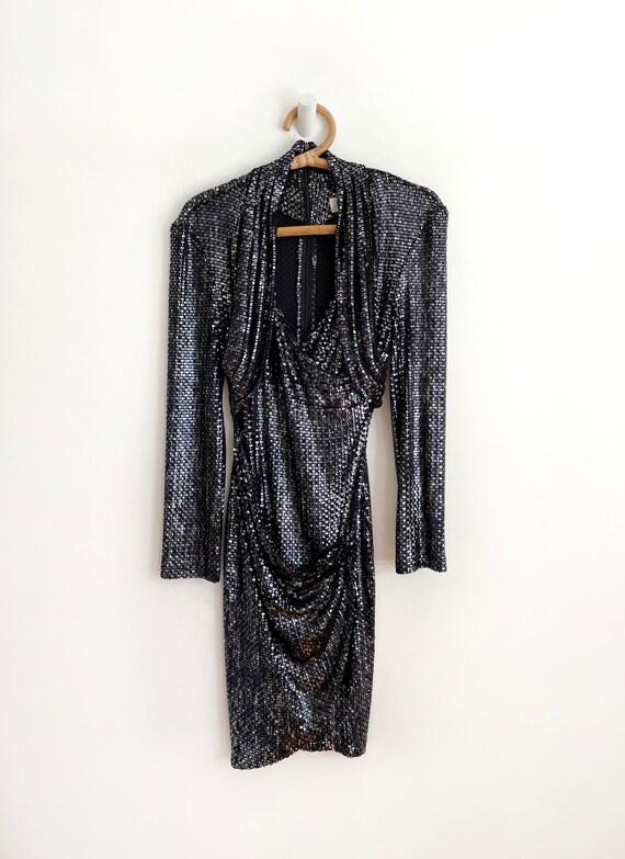 Vintage Janine black metallic cocktail mini dress… - image 10