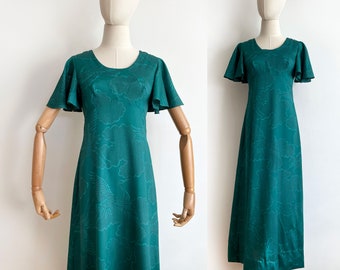 vintage Hawaiian green maxi dress | bird pattern | Hawai vintage dress