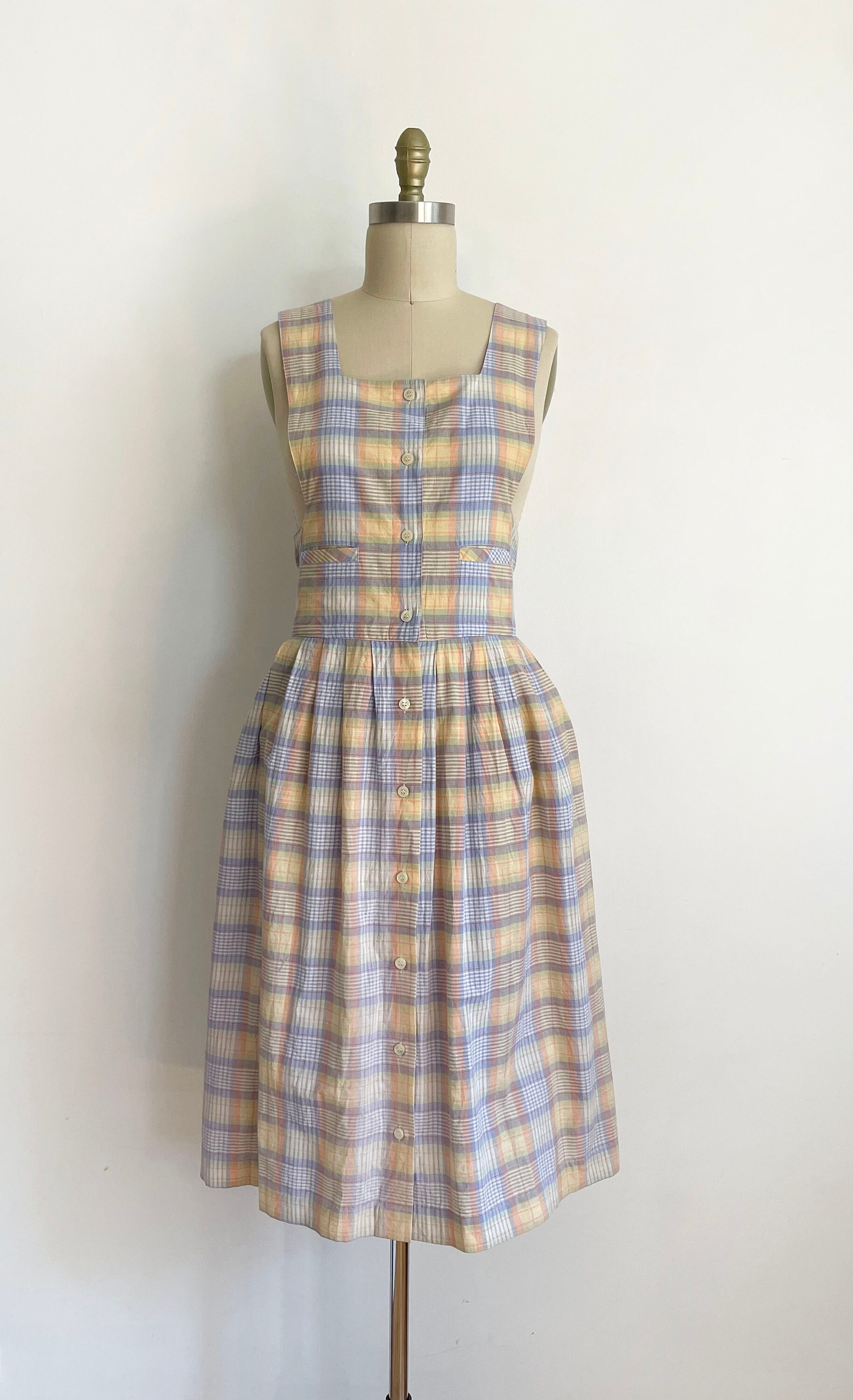 Vintage Pinafore Midi Dress Plaid Pattern Dress Pastel - Etsy