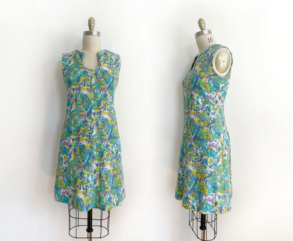 Vintage custom made abstract- floral mini dress s… - image 1