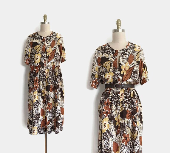 Modern vintage floral print shirt dress - 1X | plu