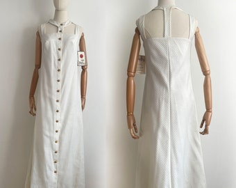 vintage button down cotton white maxi dress | beautiful golden buttons