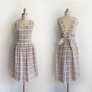 vintage pinafore midi dress | plaid pattern dress | pastel colors midi dress