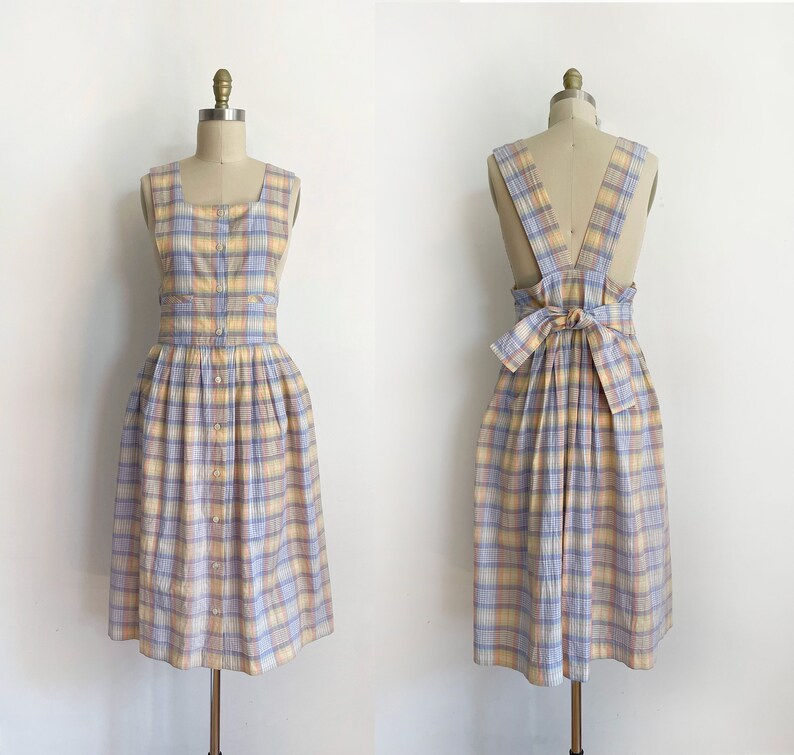 Vintage Pinafore Midi Dress Plaid Pattern Dress Pastel - Etsy