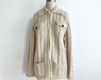 vintage pure new wool cardigan size large | wool | cable knit | wool cardigan | made in Ireland | winter cardigan