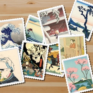 Japanse Ukiyo-e kunststickers, Japanse landschapsstempelstickers, Japanse illustratiestickers