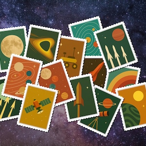 Pegatinas de aventura cósmica, set de álbumes de recortes de viajes espaciales, pegatinas para agenda galáctica, pegatinas para diario de astronautas, manualidades espaciales retro