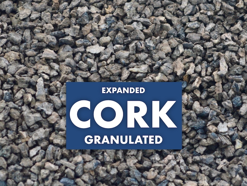 May include: Close-up of a pile of expanded cork granules. The granules are a light brown color and have a rough texture. The text "EXPANDED CORK GRANULATED" is printed on a blue rectangle.