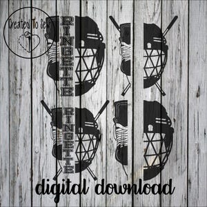 May include: Four black and white digital downloads of a hockey stick and a hockey helmet with the word "RINGETTE" written vertically on the side. The text "digital download" is written in black at the bottom of the image.