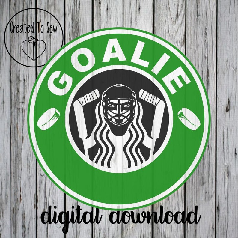 May include: A green and white circular design with the word "GOALIE" in white, featuring a hockey goalie mask and crossed hockey sticks. The design includes two hockey pucks and the text "digital download".