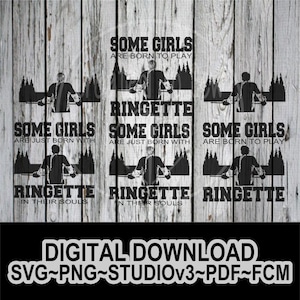 May include: Three variations of a design with the text "Some girls are born to play ringette" and "Some girls are just born with ringette in their souls". The design features a silhouette of a person riding a ringette stick.