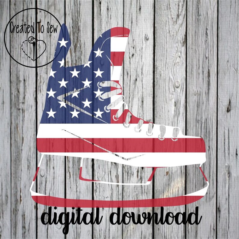 May include: Digital download of an ice skate silhouette with the American flag design. The skate is white with red and blue stripes and white stars.
