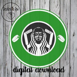 May include: A green and white circular design featuring a hockey goalie mask, hockey sticks, and pucks. The text "digital download" is at the bottom. The design is set against a wooden background.