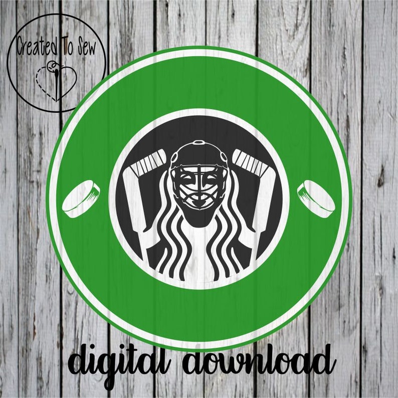 May include: A green and white circular design featuring a hockey goalie mask, hockey sticks, and pucks. The text "digital download" is at the bottom. The design is set against a wooden background.