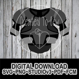 May include: Black and white digital download of a football shoulder pad design. The design includes the text "Created To Sew".