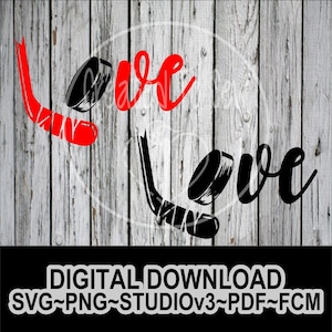 May include: A digital design featuring the word "Love" in red and black, with hockey sticks incorporated into the letters. The design is set against a weathered wood background. Text at the bottom reads "DIGITAL DOWNLOAD SVG~PNG~STUDIOv3~PDF~FCM".
