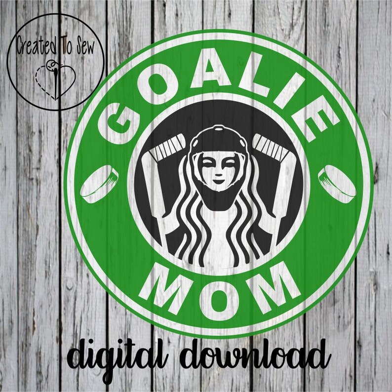 May include: A green and white graphic with the words "GOALIE MOM" in a circular design, featuring a hockey goalie and hockey sticks. The words "digital download" are at the bottom.