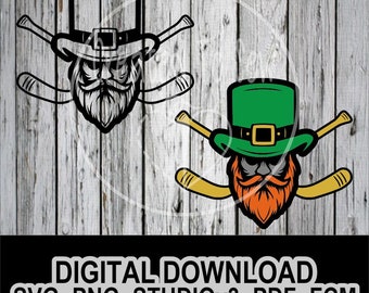 Leprechaun With Hockey Sticks SVG pdf PNG fcm StudioV3 Digital Cut File, Ice Hockey St. Patrick's Day, SVG, Crafts, Vector, Canva