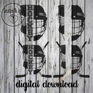 May include: Black and white digital download design featuring a hockey helmet and stick with the word "HOCKEY" repeated vertically.