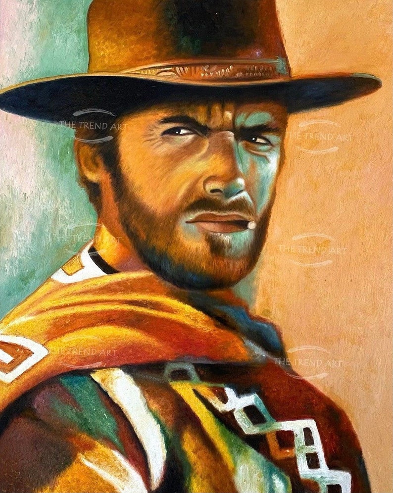 Clint Eastwood Oil Painting Cowboy Hand-Painted Art on Canvas NOT a Print 24x40
