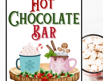 Letrero de barra de chocolate caliente, barra de chocolate caliente imprimible, letrero de barra de chocolate caliente, letrero de barra de chocolate caliente imprimible, letrero de fiesta de Navidad, letrero de fiesta navideña