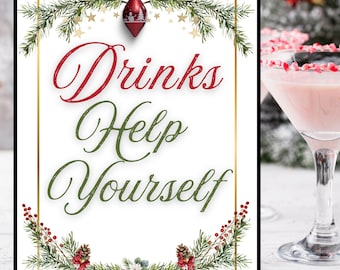 Letrero de fiesta navideña, letrero de fiesta navideña, imprimible de fiesta navideña, imprimible de fiesta navideña, letrero de bebidas autoservicio, fiesta navideña