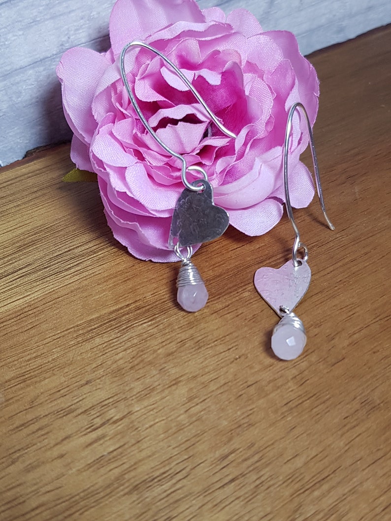 Rose Quartz Gemstone Sterling Silver Heart Teardrop Earrings