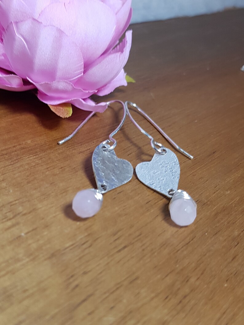 Rose Quartz Gemstone Sterling Silver Heart Teardrop Earrings
