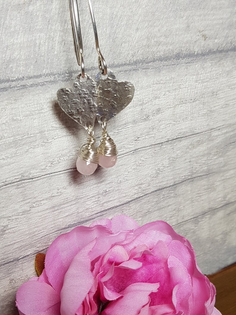 Rose Quartz Gemstone Sterling Silver Heart Teardrop Earrings