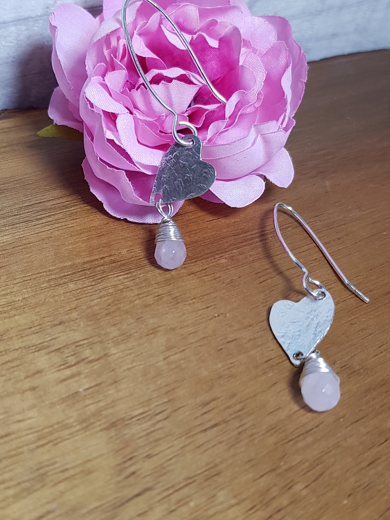 Rose Quartz Gemstone Sterling Silver Heart Teardrop Earrings