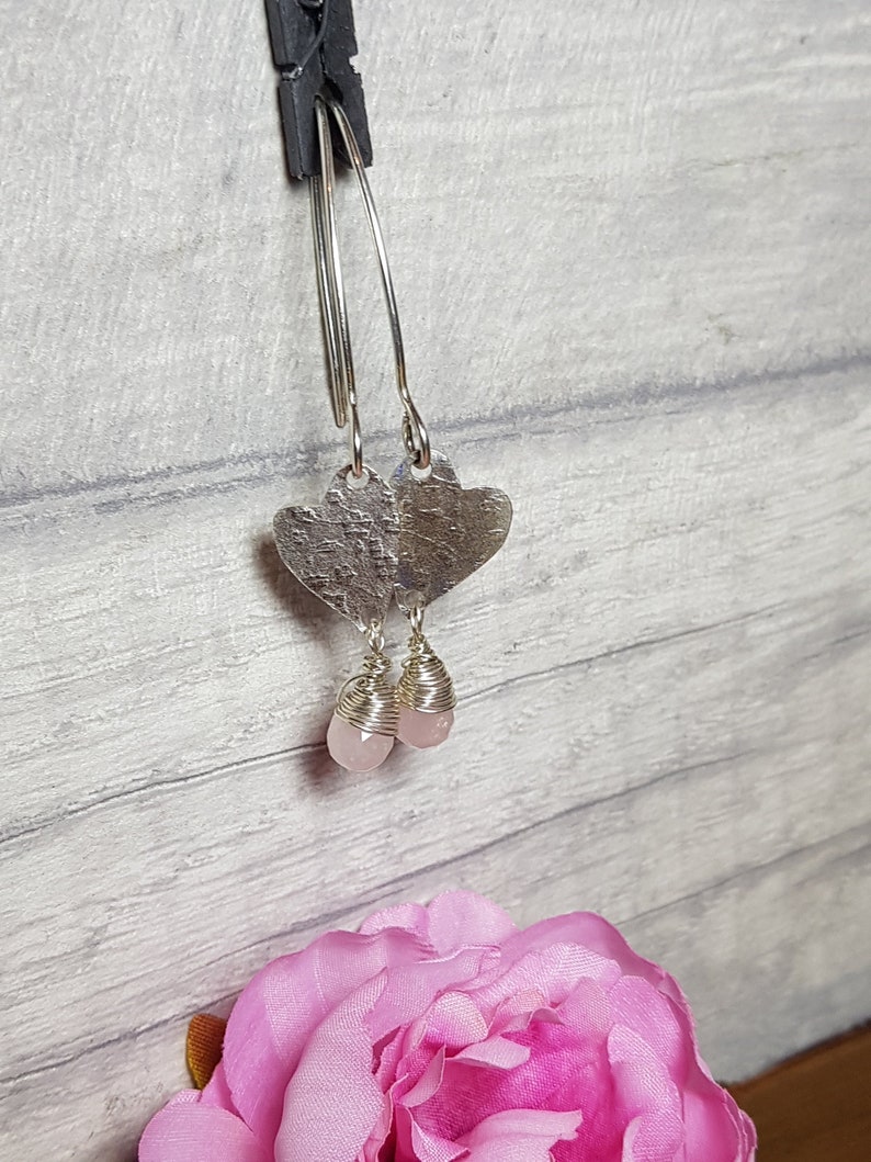 Rose Quartz Gemstone Sterling Silver Heart Teardrop Earrings