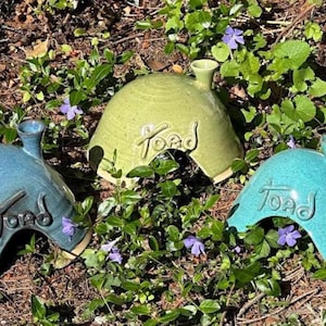 May include: Three ceramic toad houses in different colors: teal, green, and blue. Each house has the word "Toad" written on the front.