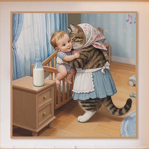 3-in-1 Digital Painting with Animation. Kids Coloring Pages to Print + 3 Digital AI. BABY AND CAT-Nanny. Instant Print.