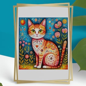 Può includere: Una stampa artistica incorniciata con un'illustrazione colorata di un gatto. Il gatto ha un pelo arancione e bianco con intricati motivi floreali e a cuore. Lo sfondo è blu vibrante con fiori, soli e stelle. La cornice è dorata.