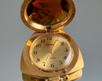 Vintage Zaria Soviet Pendant Watch, Secret Lid with Faceted Amber Topaz Glass, Gold Plated Shield Case, Mechanical, USSR Export 1970s
