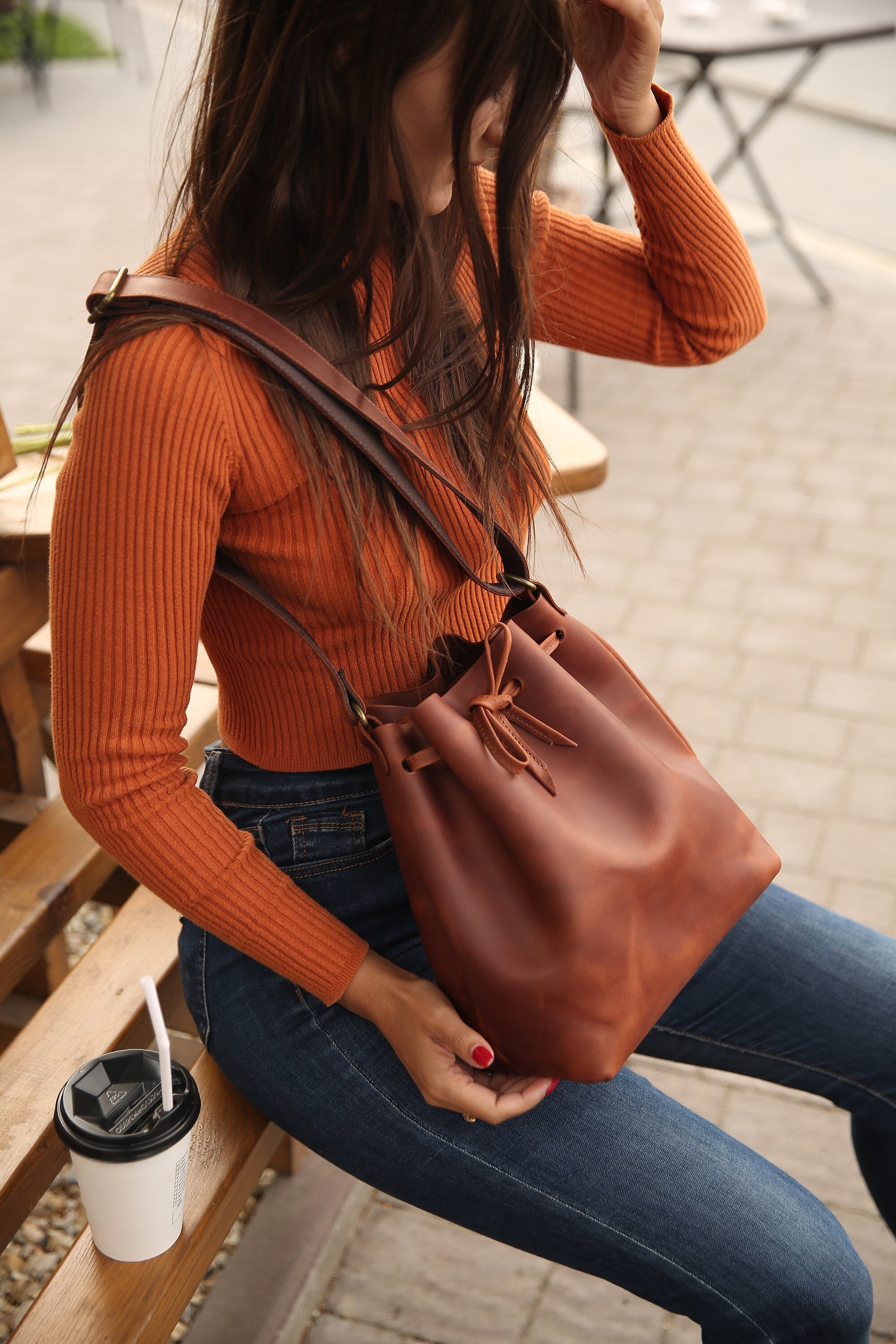 Leather Bucket Sling Bag Etsy UK