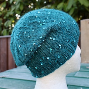 Handknitted Small Adult Hat with sequins - Teal Green Sequinned Beanie, To fit size small/med. adult/girls - fit head approx. 21.5/22" circ