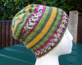 Unisex Adult Striped Beanie Hat, Hand Knitted Beanie, To fit head approx. 22" - Small to Medium Adult Size Knitted Hat, Hand Knit Wool Hat