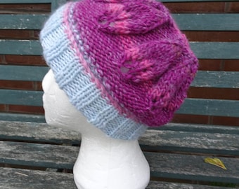 Hand Knitted Woolly Hat, Soft Chunky Hat, Pink Woolly Hat, Womens Knitted Hat, Ladies Hat, Winter Hat, Striped Wool Hat, Folded Brim Hat