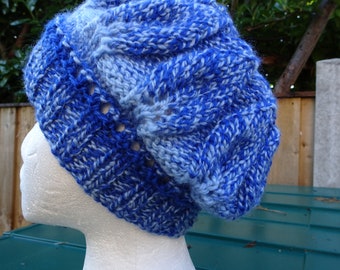 Hand Knitted Beret, Hand Knitted Hat, Blue Beret, Blue Hat, Winter Hat,  Striped Beret, Womens Hat, Womens Beret, Unisex Beret, Wool Hat