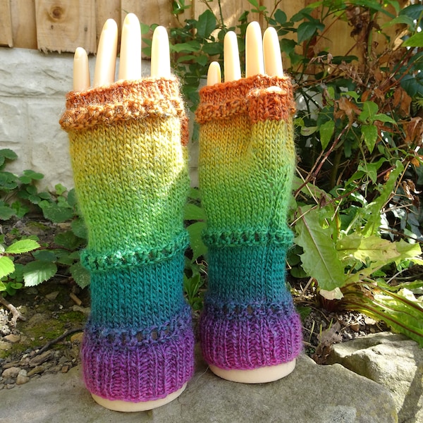 Knitted Fingerless Gloves, Multi coloured Gloves, Small Adult Size Gloves, Small womens Gloves, Woolly Gloves, Rainbow Gloves, Striped Glove