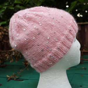 Handknitted Small Womens/Girls Hat with sequins - Light Pink Sequinned Beanie, To fit size small adult/girls - to fit head approx. 21&quot; circ.