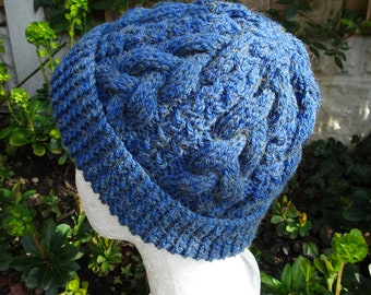 Hand Knitted Aran Cable Knit Hat, Unisex Adult Aran Knit Hat, Blue Cable Knit Hat, Mens Blue Knitted Hat, Womens Blue Cable Knit Hat