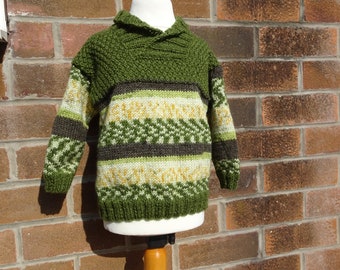 Hand Knitted Kids Sweater, Neutral Gender Childs Green Jumper, Boys Knitted Sweater,  To Fit approx. 22/23 inch Chest - To fit age 2-3yrs.