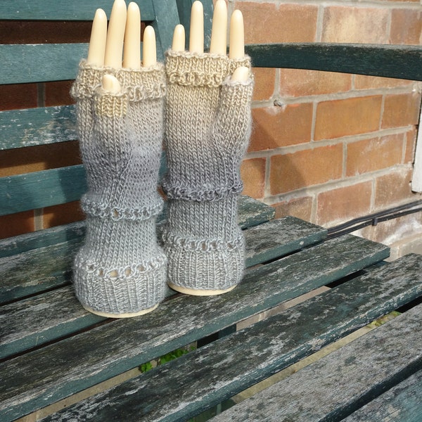 Hand Knitted Fingerless Gloves, Womens Gloves, Small Size Adult Gloves, Fingerless Mitts, Woolly Gloves, Ladies Grey and Beige Gloves
