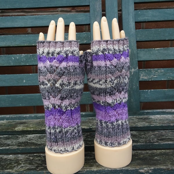 Hand Knitted Small Adult Size Fingerless Gloves, Fingerless Mitts, Woolly Gloves, Purple Striped Gloves, Ladies Gloves, Womens Small Gloves