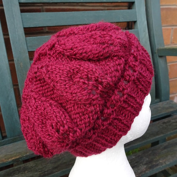 Dark Red Wool Beret, Hand Knitted Beret, Adult Knitted Beret, Adult Knitted Hat, Womens Red Beret, Chunky Knitted Hat, Chunky Dark Red Beret