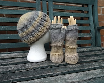Hand Knitted Hat and Gloves Set, Small Adult Fingerless Gloves and Roll Brim Beanie, Striped Hat and Gloves,  Hat with Gloves, Womens Gloves