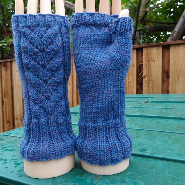Blue Hand Knitted Fingerless Gloves, Womens Small Size Gloves, Ladies Blue Gloves, Wool Gloves, 4 ply knitted gloves, Denim Blue Gloves